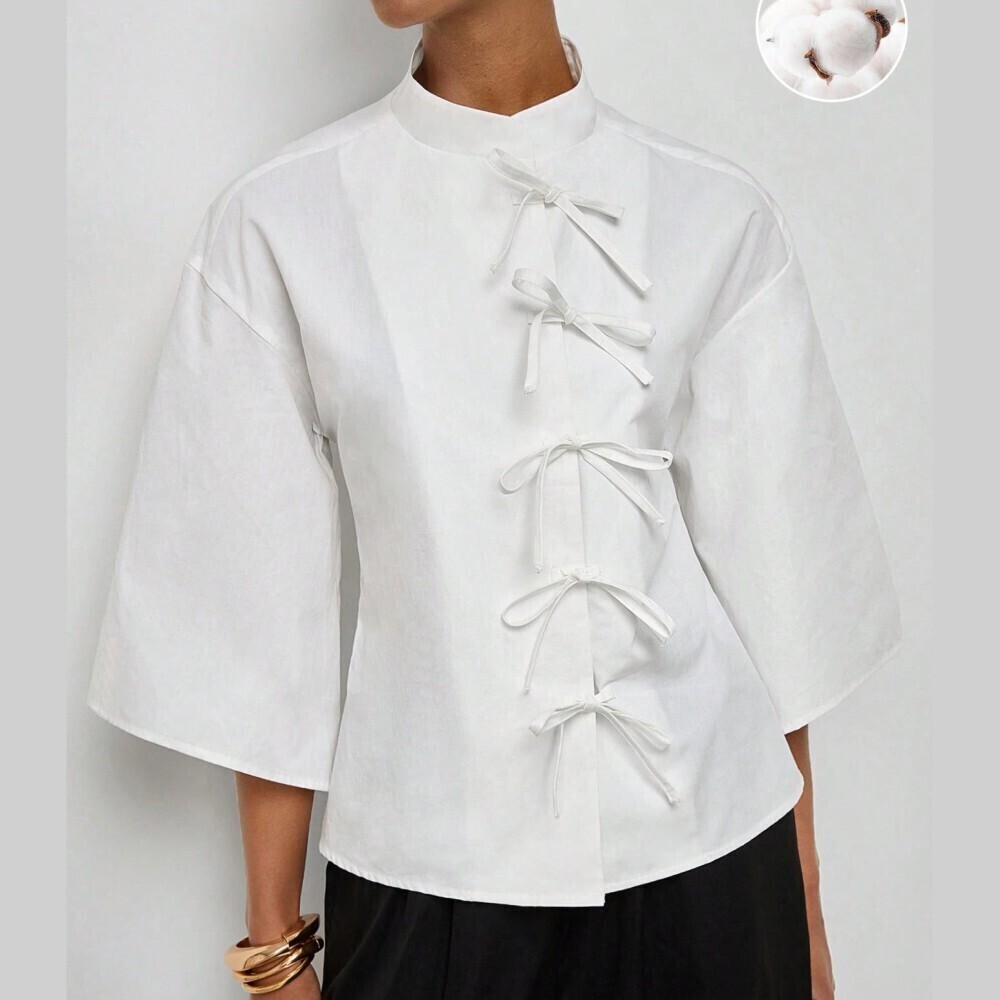 White Cotton Bow Tie Front Stand Collar Bell Sleeve Blouse